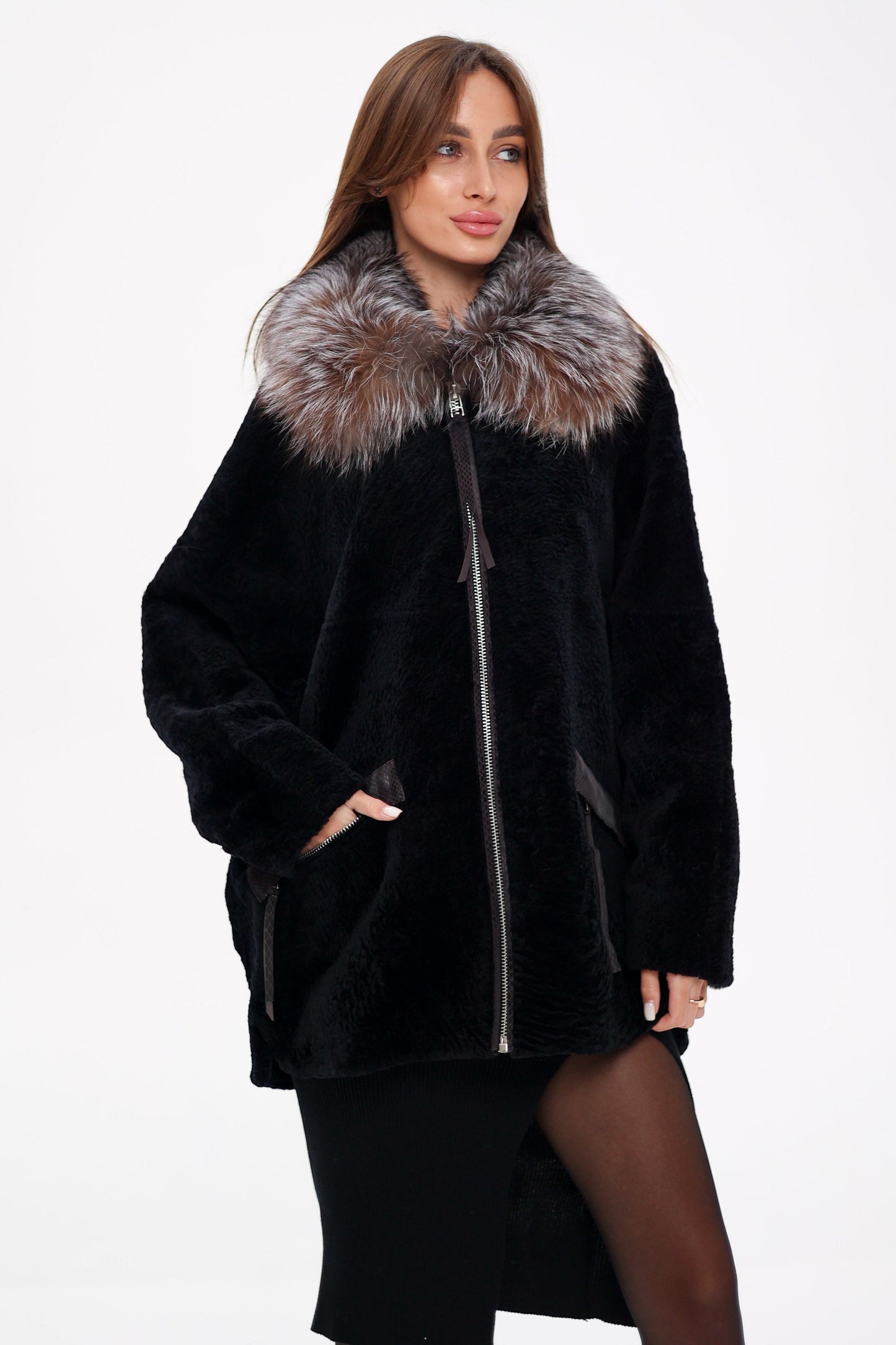 Palermo Astrakhan Silver Fox Trim Coat