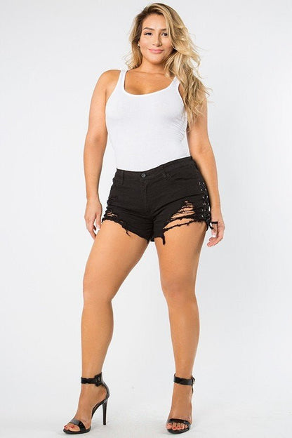 Paula Plus Size-mid Rise Out Seam Lace Up Black Shorts