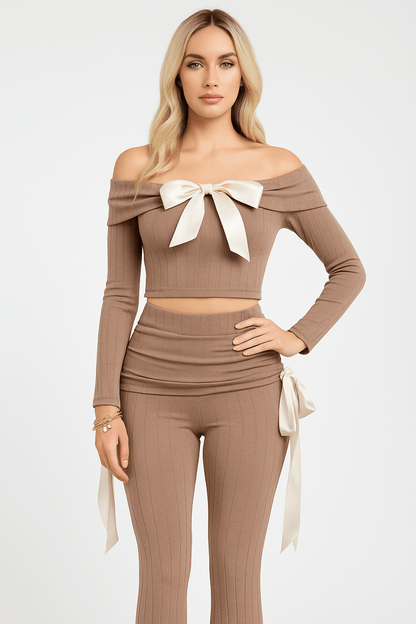 Petite It's A Wrap Pant Set With Off-Shoulder Top, Ribbon Trim, And Wide Leg Style - Unique 2-Piece Outfit