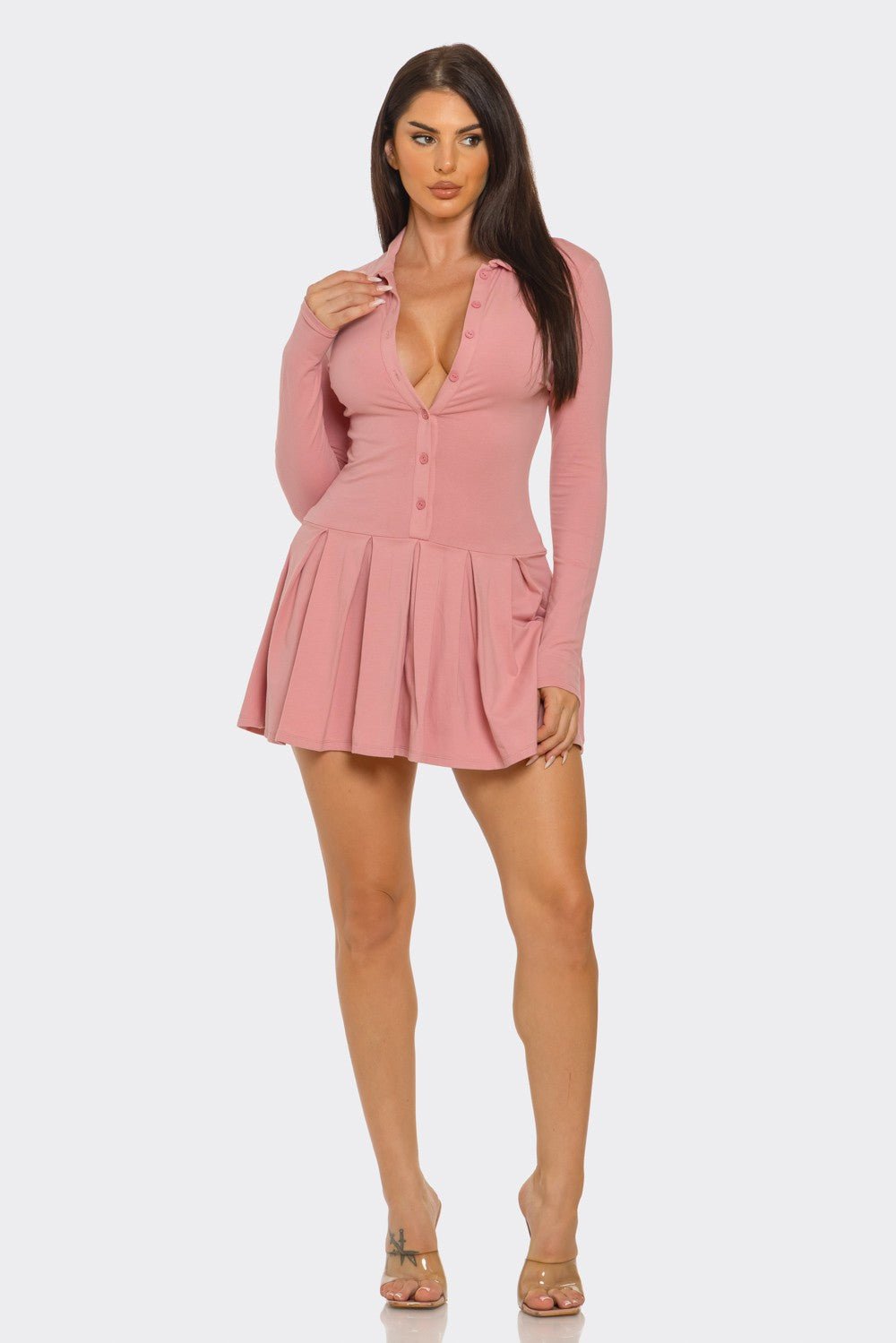 Pink Pleated Mini Dress with Collar & Button-Down Detail – Cotton Spandex Fit