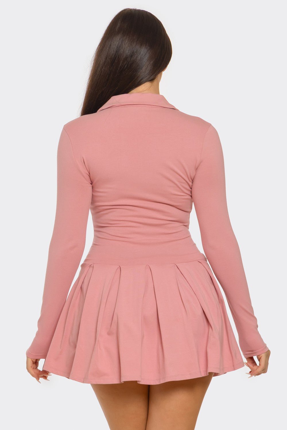 Pink Pleated Mini Dress with Collar & Button-Down Detail – Cotton Spandex Fit