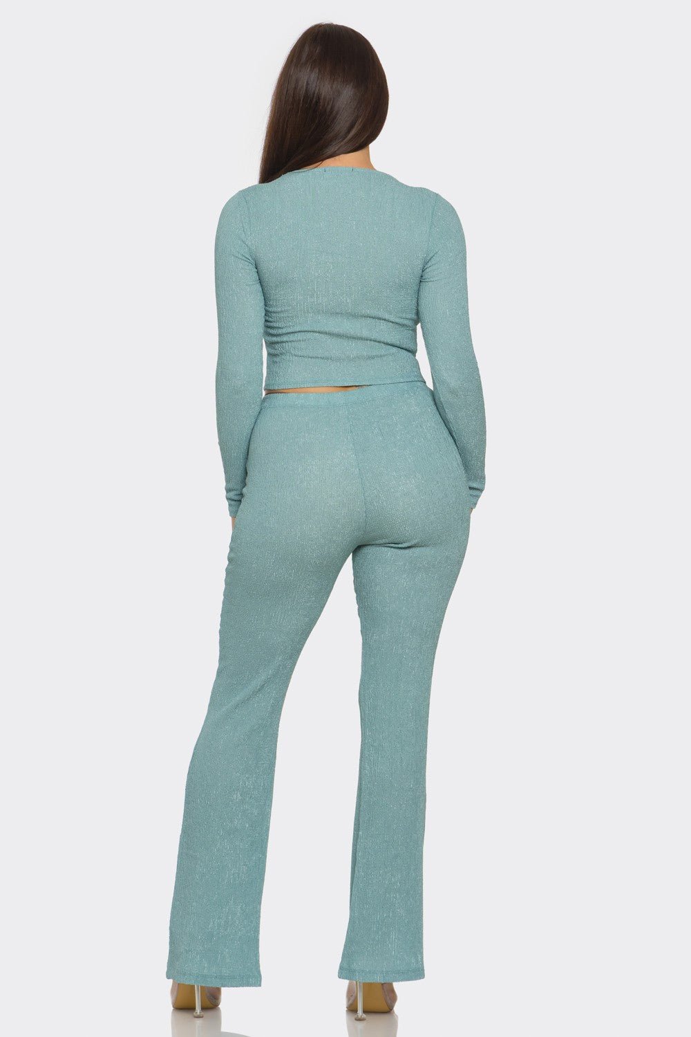 Pleated Button Detail Slit Top & Pants Set – Women’s Two Piece Outfit