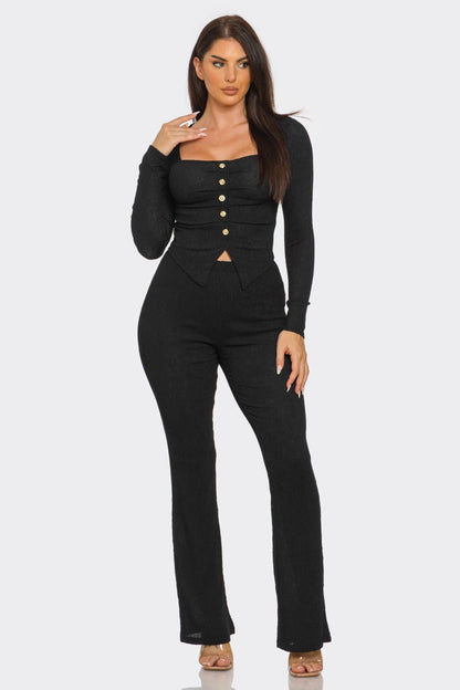 Pleated Button Detail Slit Top & Pants Set – Women’s Two Piece Outfit