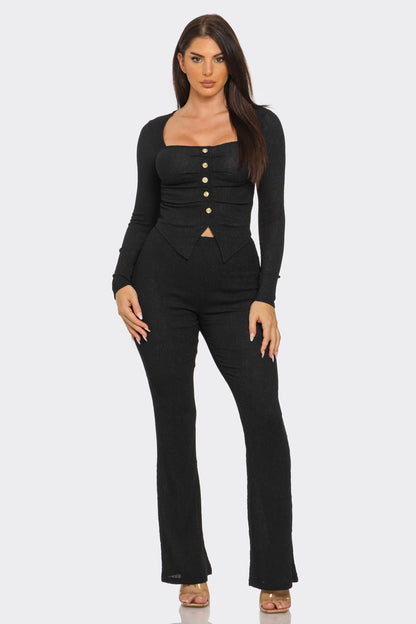 Pleated Button Detail Slit Top & Pants Set – Women’s Two Piece Outfit