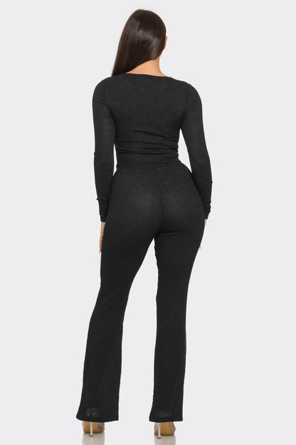 Pleated Button Detail Slit Top & Pants Set – Women’s Two Piece Outfit