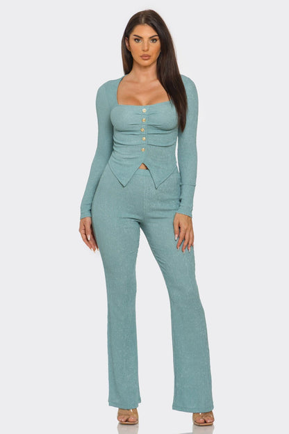 Pleated Button Detail Slit Top & Pants Set – Women’s Two Piece Outfit