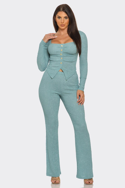 Pleated Button Detail Slit Top & Pants Set – Women’s Two Piece Outfit