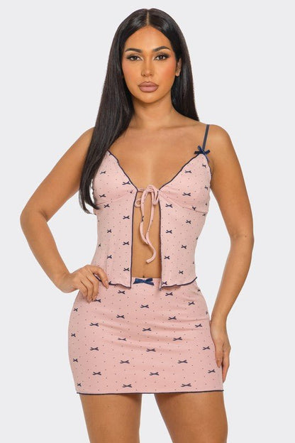 Pretty Bow Mini Skirt  and Spaghetti Strap Top Set – Chic Two-Piece Outfit for Women