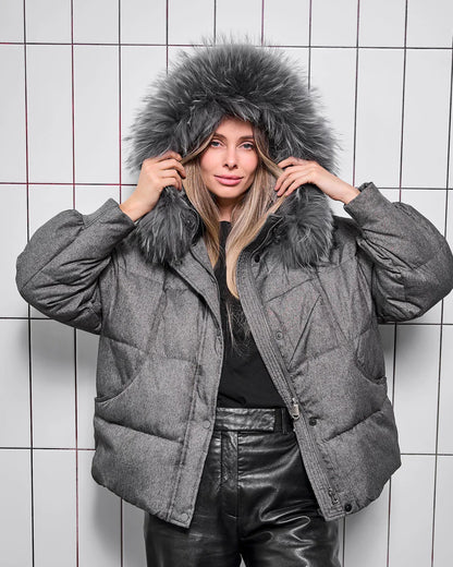 Remi Genuine Fur Trim Down Fill Jacket in Dark Grey