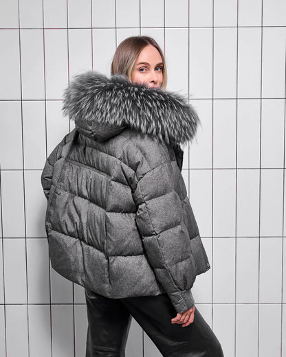 Remi Genuine Fur Trim Down Fill Jacket in Dark Grey
