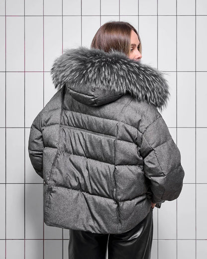 Remi Genuine Fur Trim Down Fill Jacket in Dark Grey