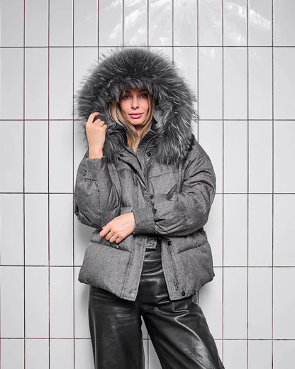 Remi Genuine Fur Trim Down Fill Jacket in Dark Grey