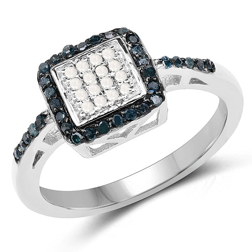 Sterling Silver Blue Diamond and White Diamond Cluster Ring
