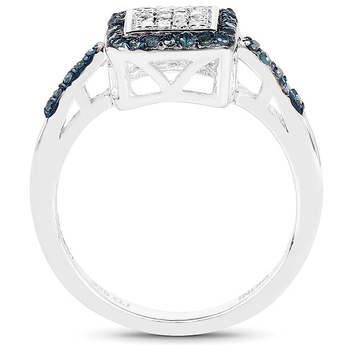 Sterling Silver Blue Diamond and White Diamond Cluster Ring