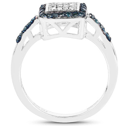 Sterling Silver Blue Diamond and White Diamond Cluster Ring