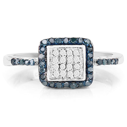 Sterling Silver Blue Diamond and White Diamond Cluster Ring