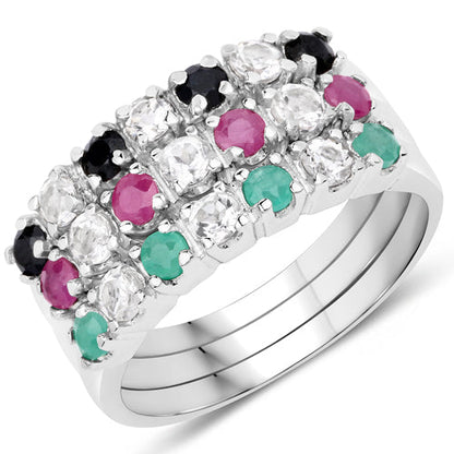 Sterling Silver Multi-Stone Black Sapphire, Emerald, Ruby, and White Topaz Ring