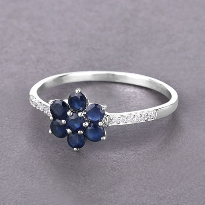 14K White Gold Blue Sapphire and Diamond Floral Ring
