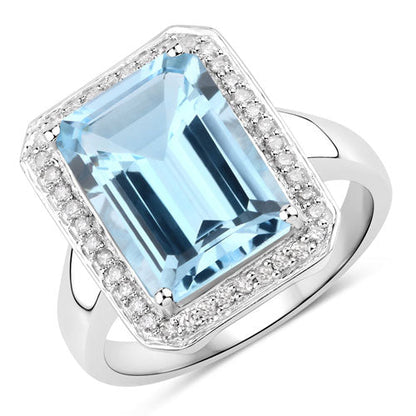 Sterling Silver Blue Topaz and White Diamond Halo Ring