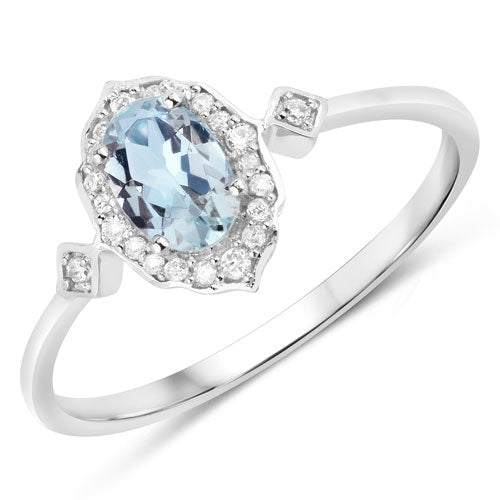 14K White Gold Oval Aquamarine and Diamond Halo Ring
