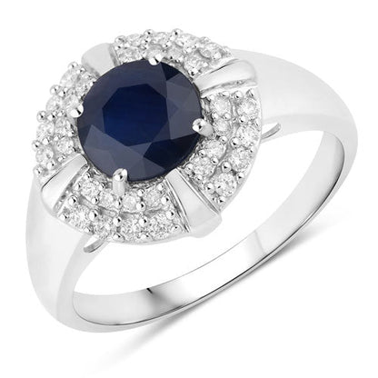 10K White Gold Blue Sapphire and Diamond Halo Ring