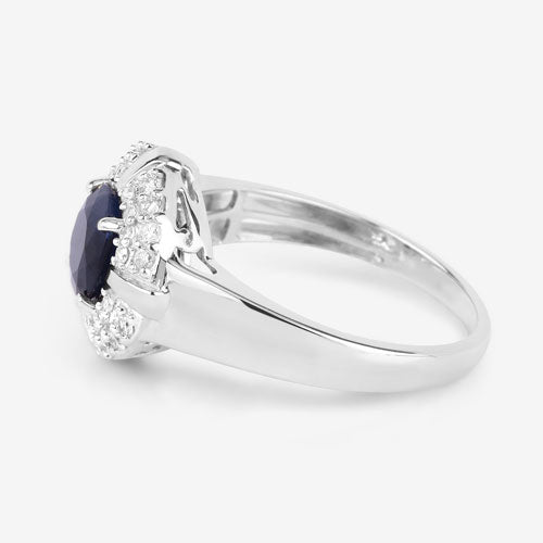 10K White Gold Blue Sapphire and Diamond Halo Ring