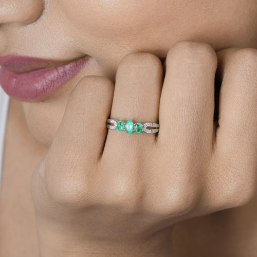 14K White Gold Zambian Emerald and Diamond Ring