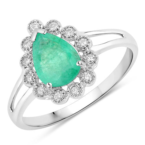 White Gold Zambian Emerald and Diamond Halo Ring