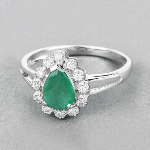 White Gold Zambian Emerald and Diamond Halo Ring