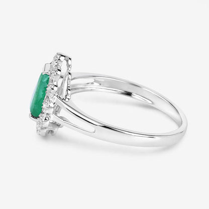 White Gold Zambian Emerald and Diamond Halo Ring
