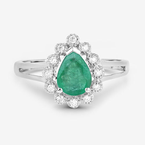 White Gold Zambian Emerald and Diamond Halo Ring