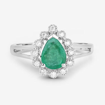 White Gold Zambian Emerald and Diamond Halo Ring
