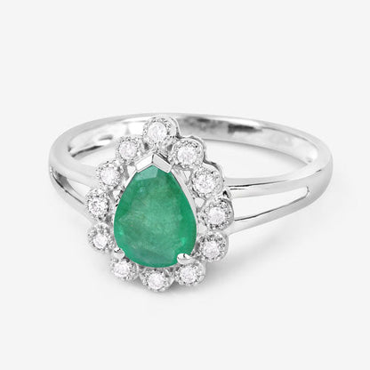 White Gold Zambian Emerald and Diamond Halo Ring
