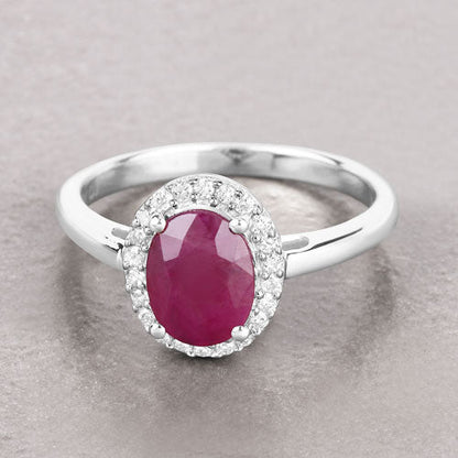 10K White Gold Ruby and Diamond Halo Ring