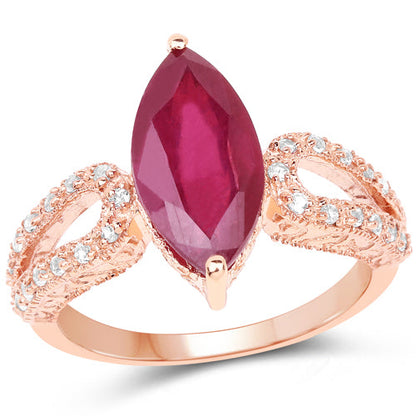 14K Rose Gold Plated Sterling Silver Glass Filled Ruby and White Topaz Ring