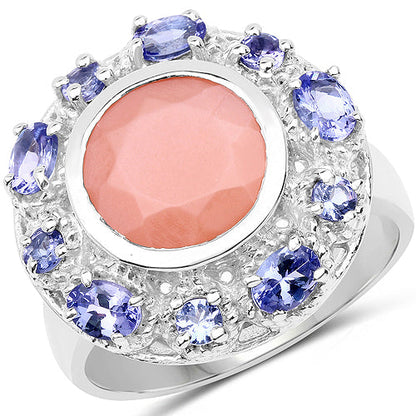 Sterling Silver Peach Moonstone and Tanzanite Cocktail Ring