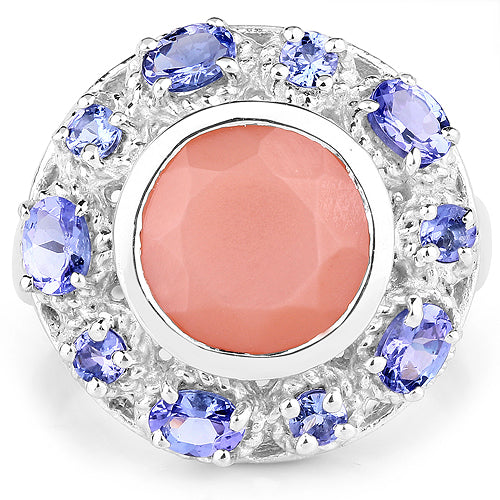 Sterling Silver Peach Moonstone and Tanzanite Cocktail Ring
