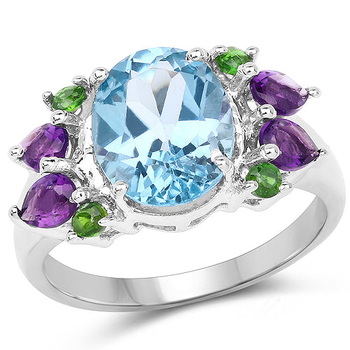 Sterling Silver Swiss Blue Topaz, Chrome Diopside & Amethyst Cocktail Ring