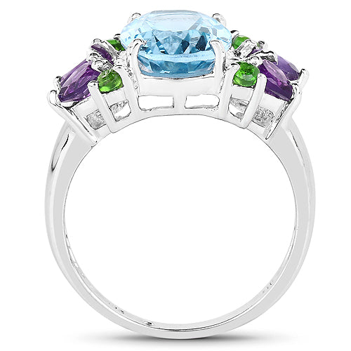 Sterling Silver Swiss Blue Topaz, Chrome Diopside & Amethyst Cocktail Ring