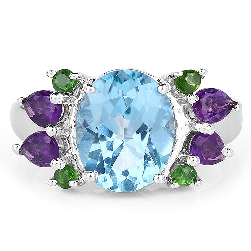 Sterling Silver Swiss Blue Topaz, Chrome Diopside & Amethyst Cocktail Ring
