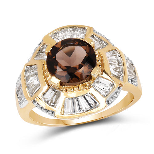 14K Yellow Gold Plated Sterling Silver Smoky Quartz & White Topaz Ring