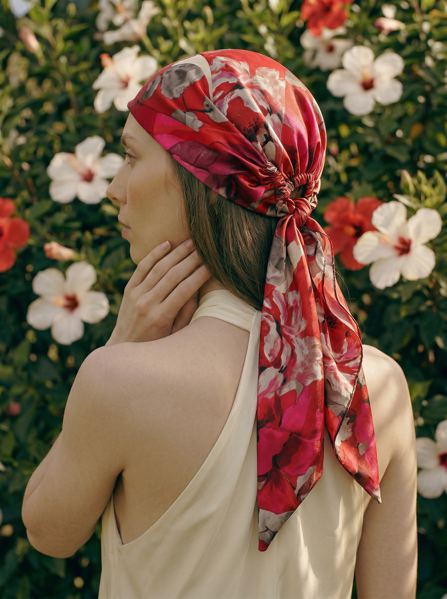 Red Floral Printed Silk headscarf with ties