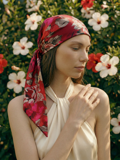 Red Floral Printed Silk headscarf with ties