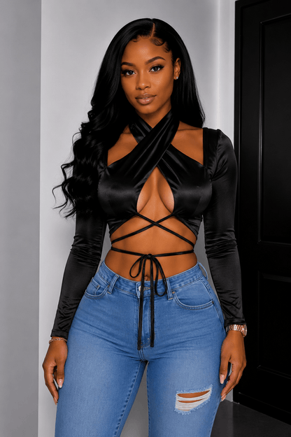 Sadie Long Sleeve Front Wrap and Cross Straps Crop Top