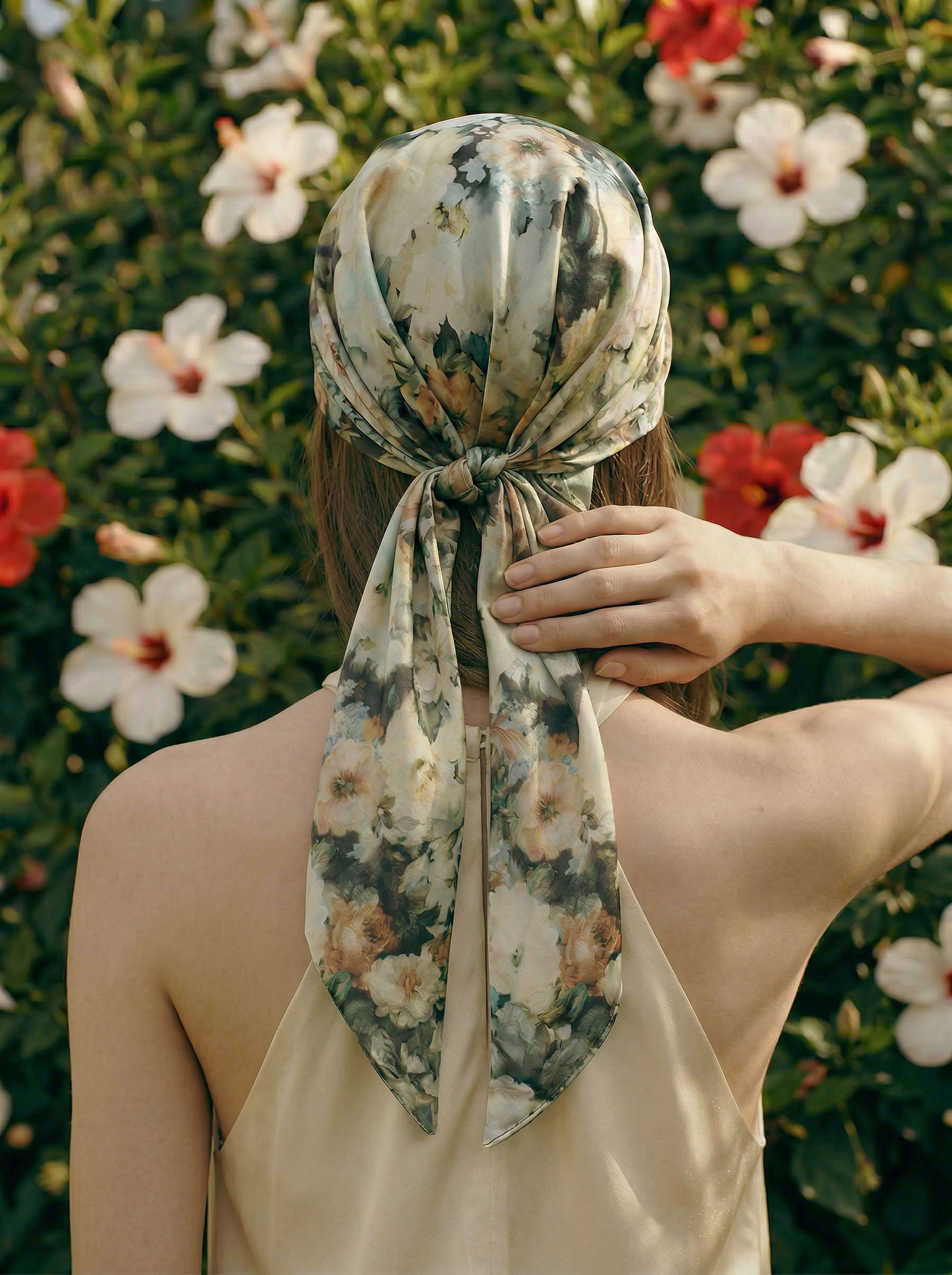 Sage Floral Printed Silk headscarf with ties
