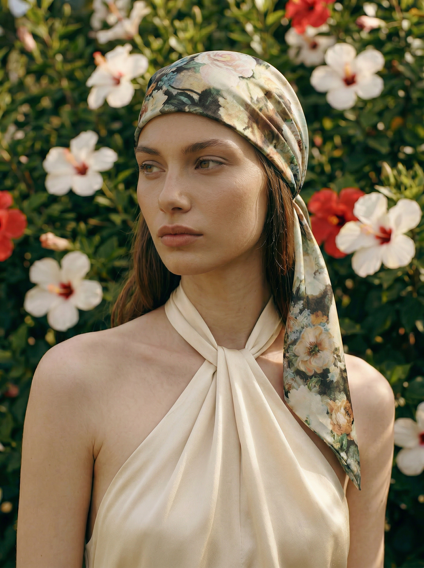 Sage Floral Printed Silk headscarf with ties