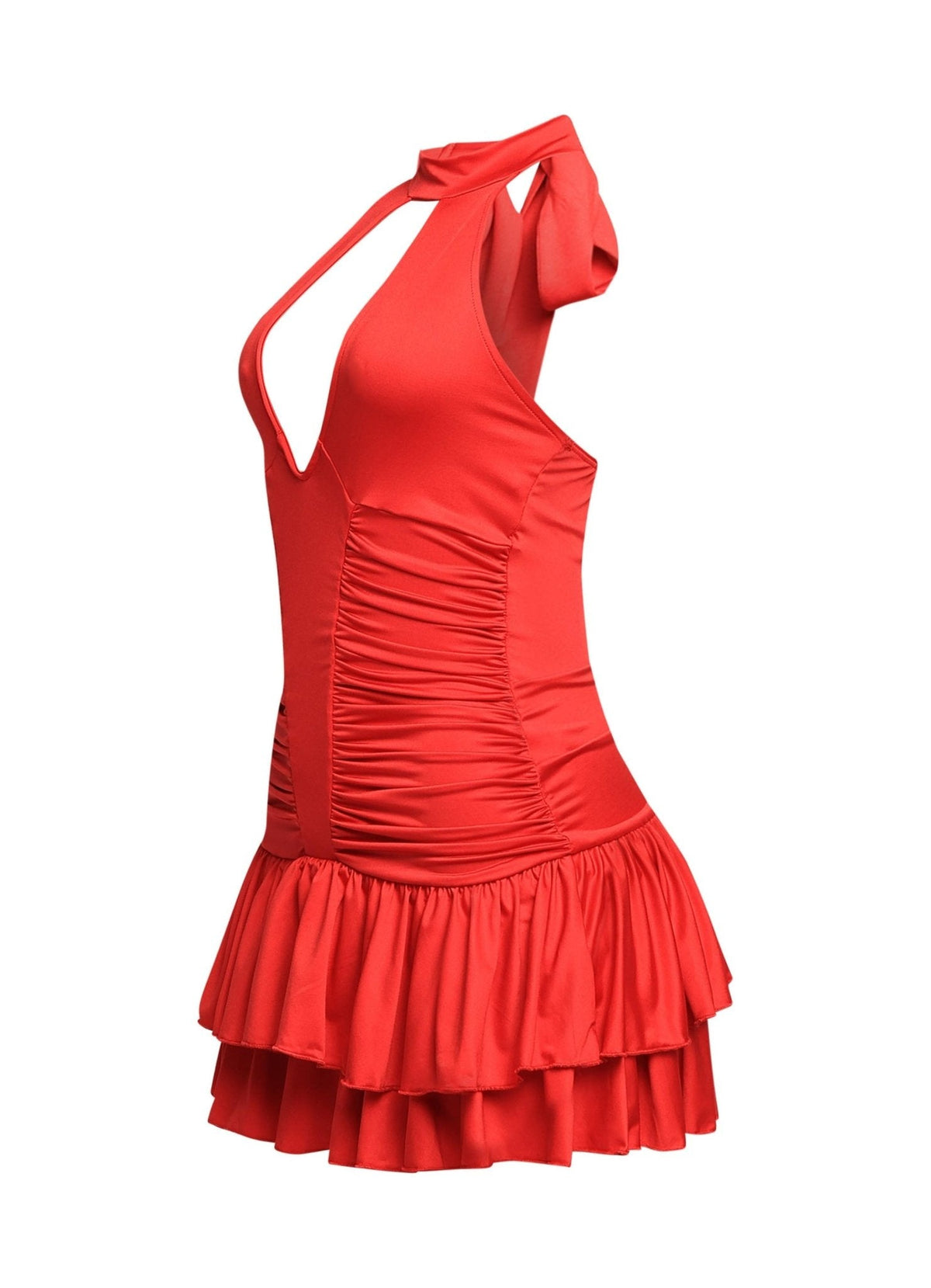Scarlet Siren Shirred Halter Ruffle Mini Dress