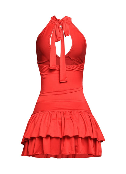 Scarlet Siren Shirred Halter Ruffle Mini Dress