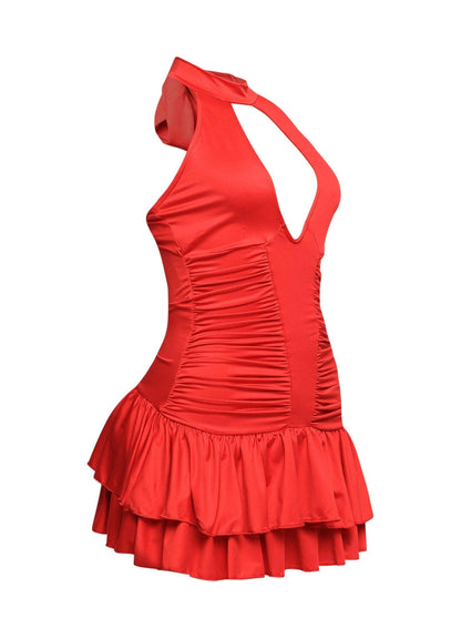 Scarlet Siren Shirred Halter Ruffle Mini Dress