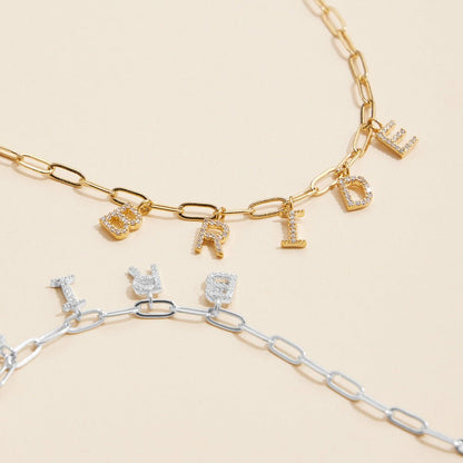 Semi Fine Collection - 18K Gold Dipped Brass Metal Stone Paved BRIDE Monogram Charm Paperclip Chain Necklace